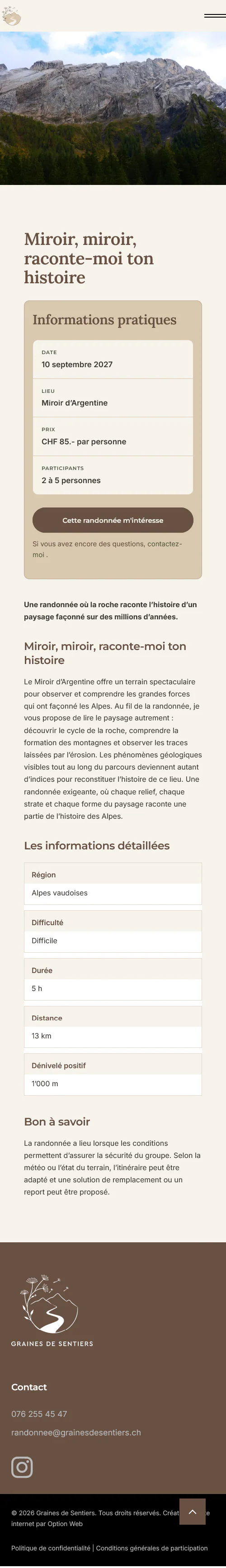 Fiche randonnée sur mobile — informations essentielles, récit et demande de participation. Capture complète de Graines de Sentiers.