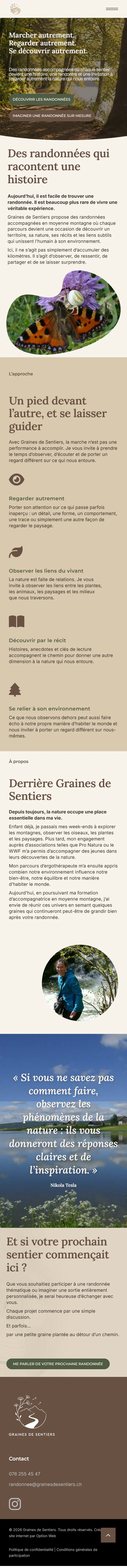Accueil sur mobile — le même univers sur petit écran. Capture complète de Graines de Sentiers.